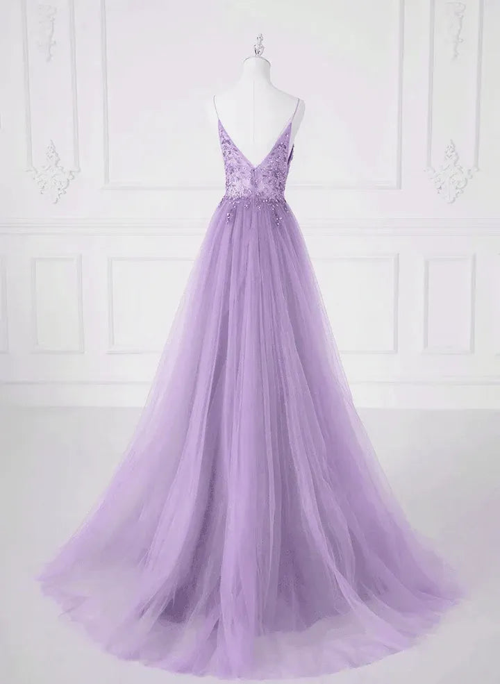 Romantic A-line V-neck Sleeveless Beaded Lilac Maxi Prom Dress for Women Ready to Ship
