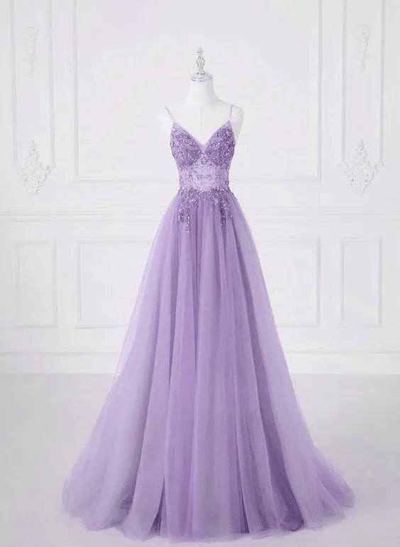 Romantic A-line V-neck Sleeveless Beaded Lilac Maxi Prom Dress for Women Ready to Ship