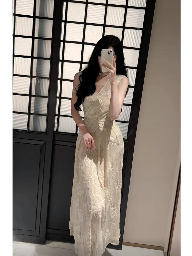 Romantic A-line V-neck Sleeveless Lace Champagne Maxi Prom Dress for Women Ready to Ship