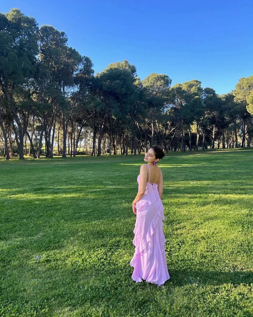 Romantic A-line V-neck Sleeveless Ruffled Pink Maxi Prom Dress for Women Hot Sale