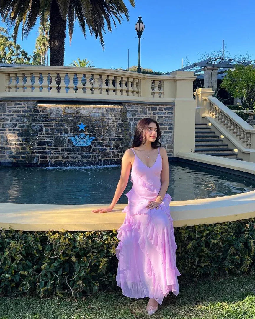 Romantic A-line V-neck Sleeveless Ruffled Pink Maxi Prom Dress for Women Hot Sale