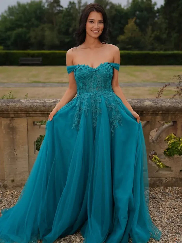 Romantic A Line Off-Shoulder Lace Applique Tulle Teal Maxi Prom Dress