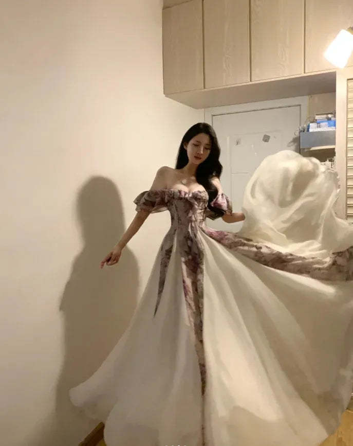 Romantic A Line Off Shoulder Floral Print Ivory Floor Length Prom Dress For Women For Sale