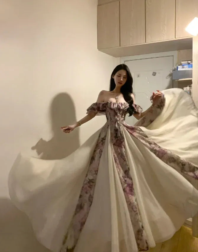 Romantic A Line Off Shoulder Floral Print Ivory Floor Length Prom Dress For Women For Sale
