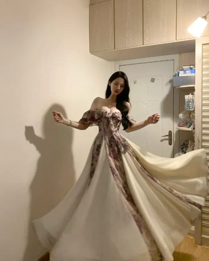 Romantic A Line Off Shoulder Floral Print Ivory Floor Length Prom Dress For Women For Sale