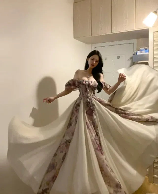 Romantic A Line Off Shoulder Floral Print Ivory Floor Length Prom Dress For Women For Sale