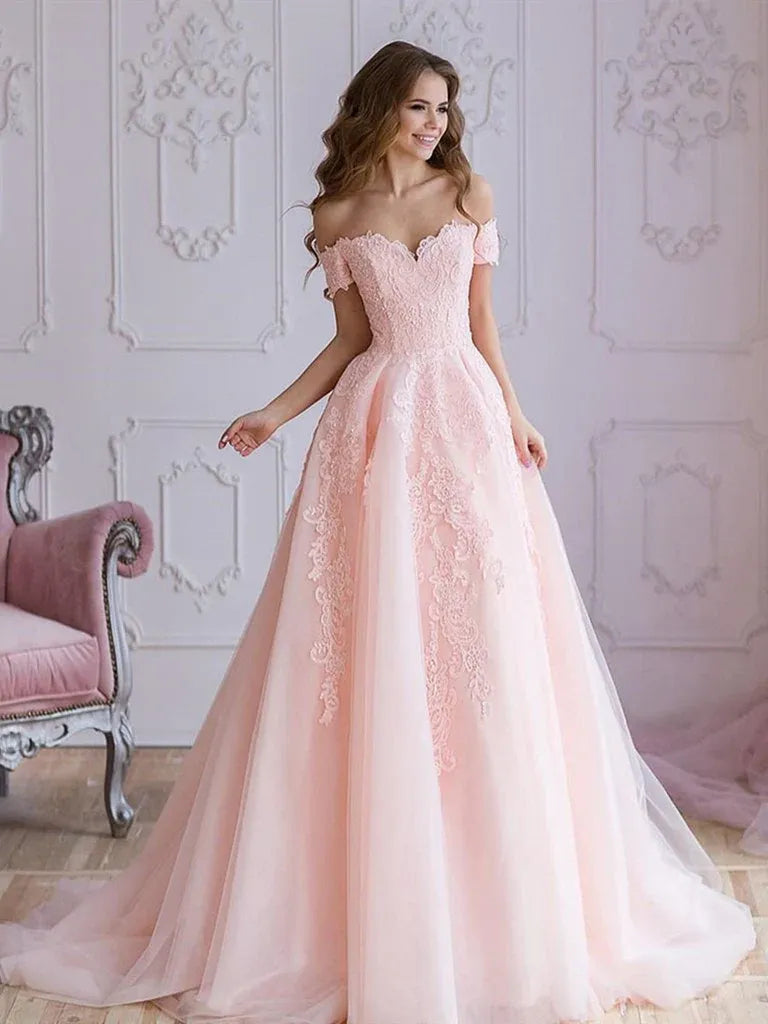 Romantic A Line Off Shoulder Lace Applique Tulle Blush Maxi Prom Dress