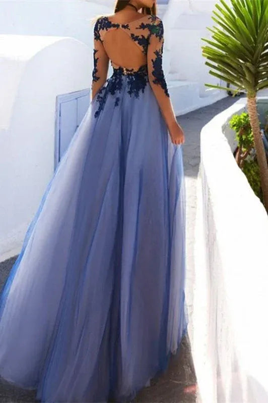 Romantic A Line Sheer Neck Lace Applique Dusty Blue Floor Length Prom Dress For Women For Sale
