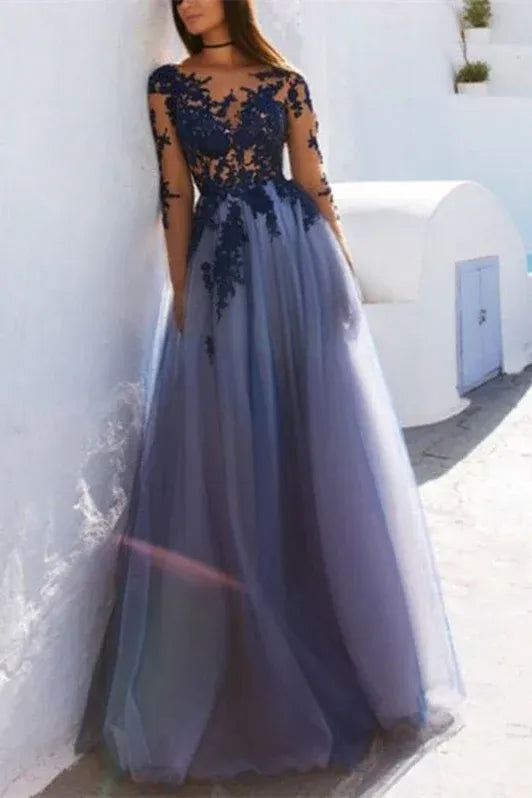 Romantic A Line Sheer Neck Lace Applique Dusty Blue Floor Length Prom Dress For Women For Sale