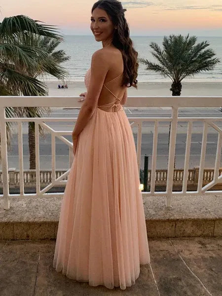 Romantic A Line Spaghetti Straps Beaded Lace Tulle Blush Prom Dress