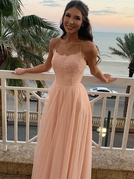Romantic A Line Spaghetti Straps Beaded Lace Tulle Blush Prom Dress
