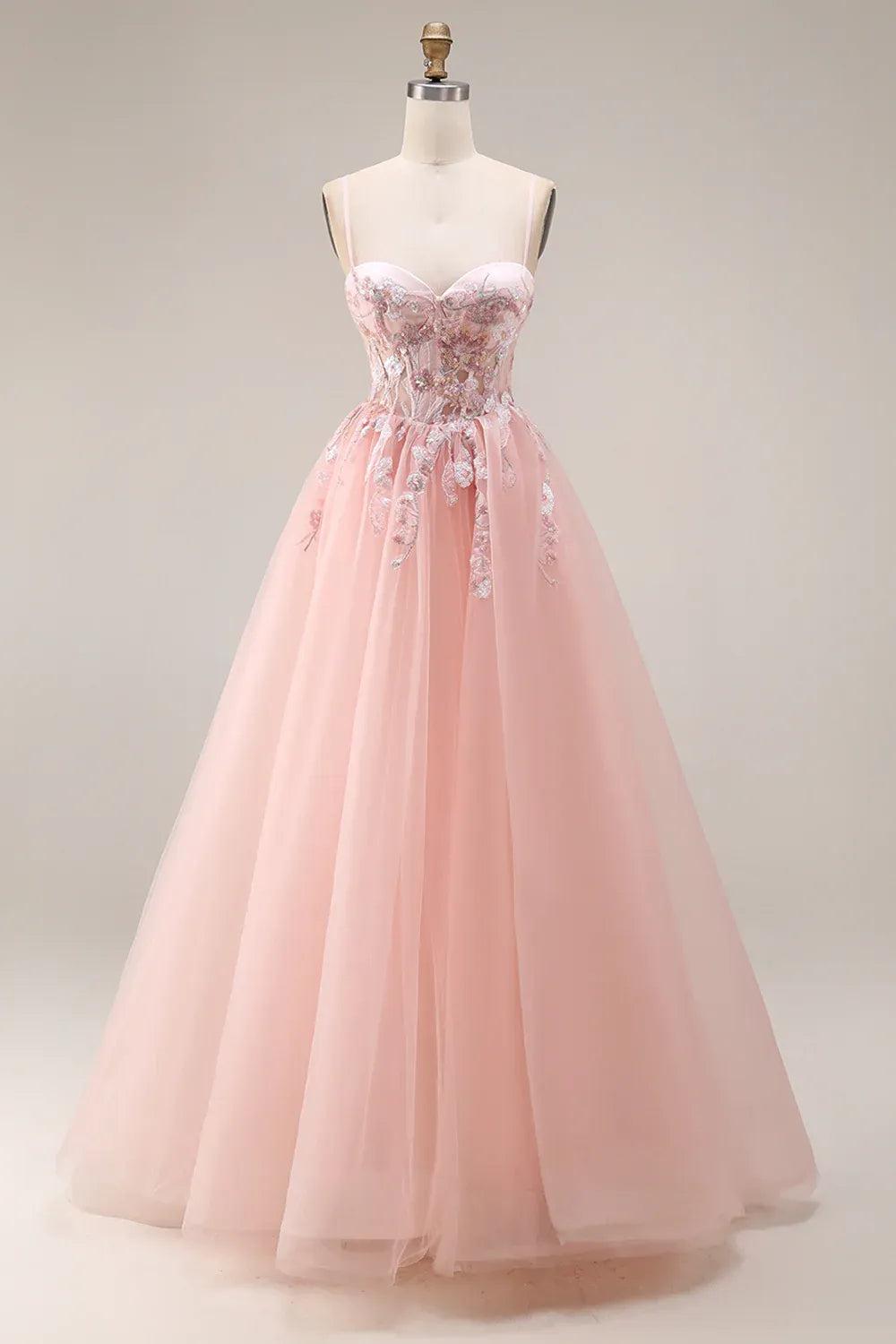Romantic A Line Spaghetti Straps Corset Appliqued Tulle Blush Train Prom Dress