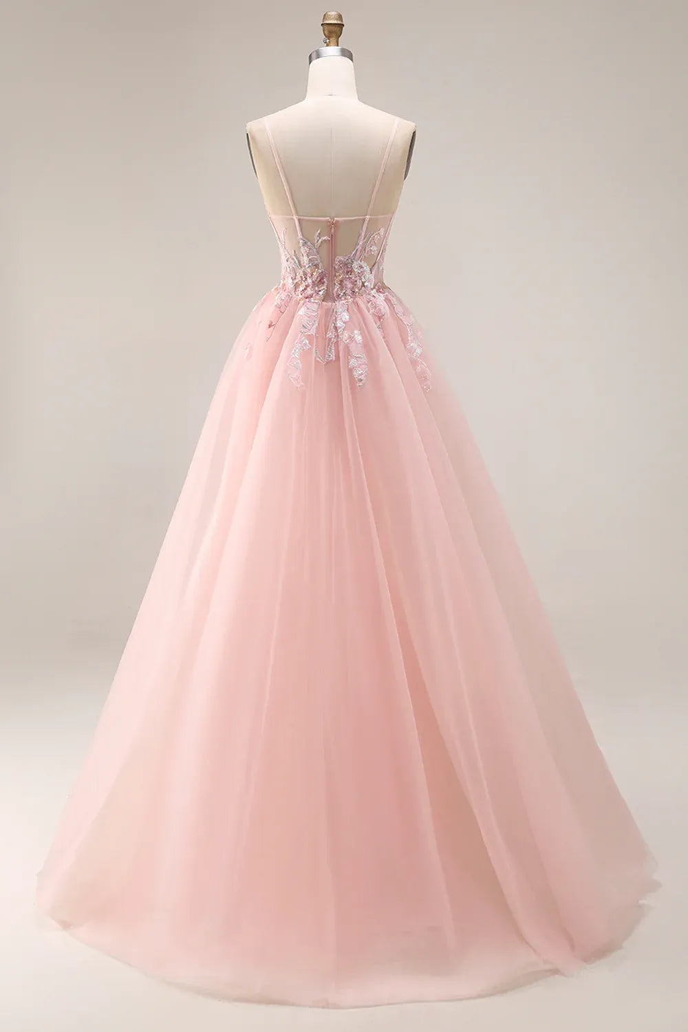 Romantic A Line Spaghetti Straps Corset Appliqued Tulle Blush Train Prom Dress