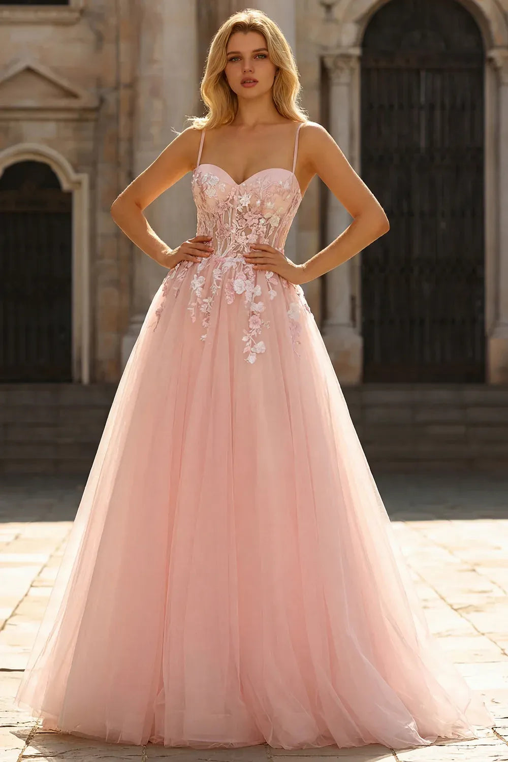 Romantic A Line Spaghetti Straps Corset Appliqued Tulle Blush Train Prom Dress