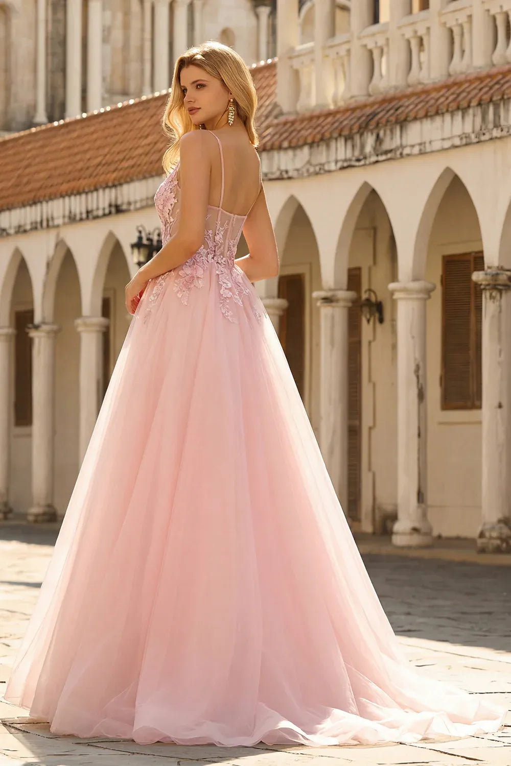 Romantic A Line Spaghetti Straps Corset Appliqued Tulle Blush Train Prom Dress