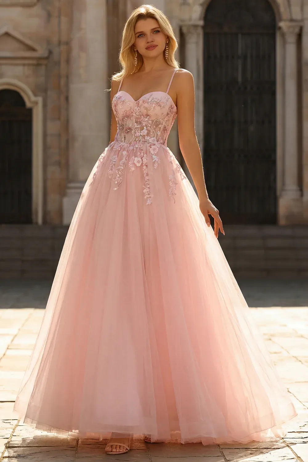 Romantic A Line Spaghetti Straps Corset Appliqued Tulle Blush Train Prom Dress