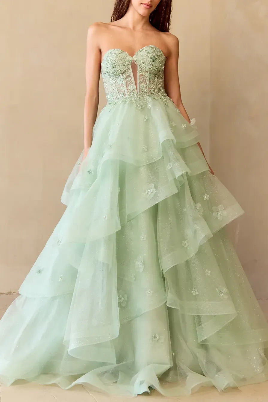 Romantic Ball-Gown Sweetheart Corset Floral Tiered Mint Green Train Prom Dress