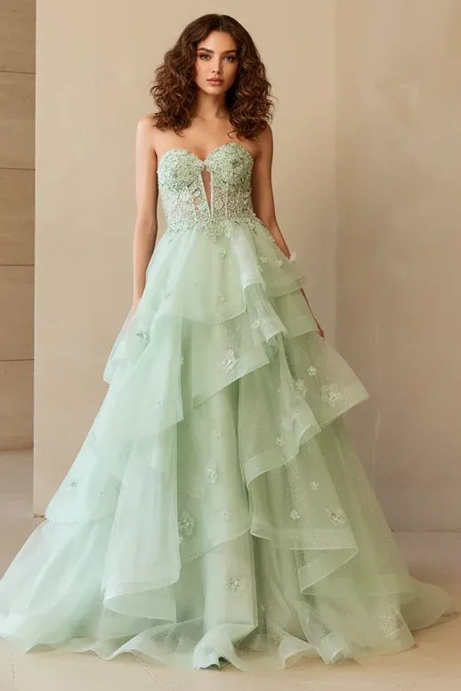 Romantic Ball-Gown Sweetheart Corset Floral Tiered Mint Green Train Prom Dress