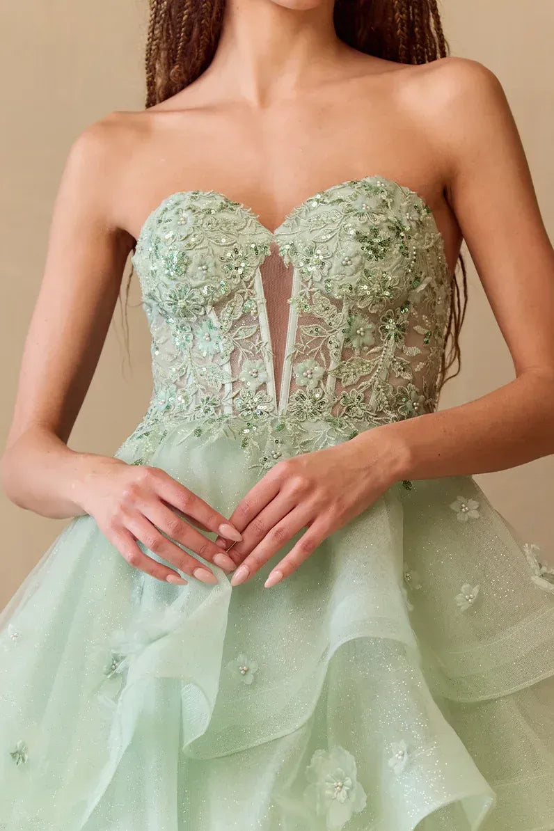 Romantic Ball-Gown Sweetheart Corset Floral Tiered Mint Green Train Prom Dress