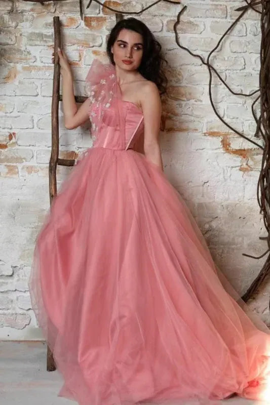 Romantic Ball Gown One-shoulder Sleeveless Floral Applique Blush Pink Floor-length Prom Dress for Women Ready to Ship