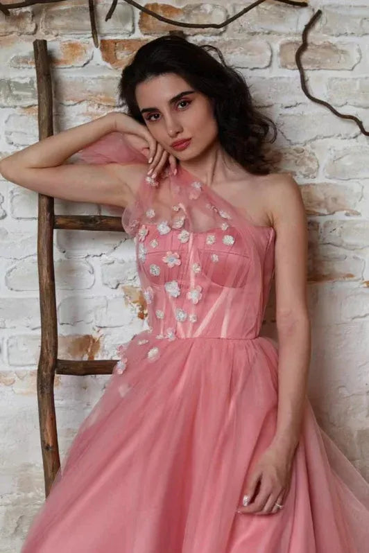 Romantic Ball Gown One-shoulder Sleeveless Floral Applique Blush Pink Floor-length Prom Dress for Women Ready to Ship