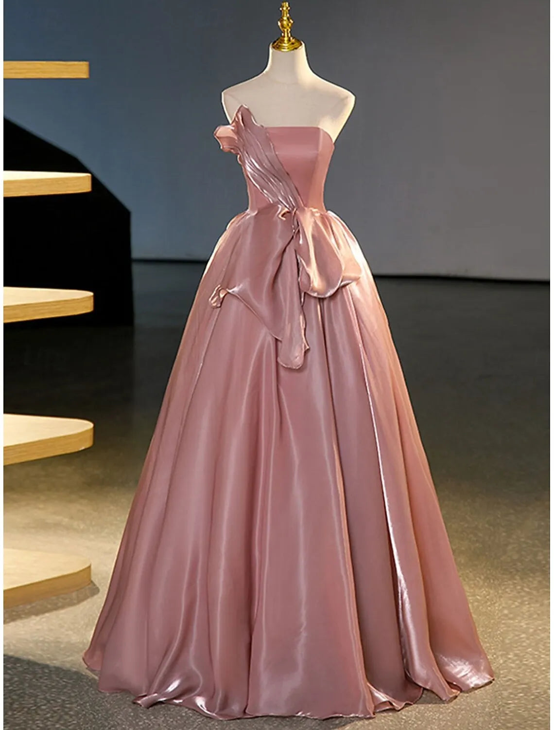 Romantic Ball Gown One Shoulder Ruffle Bow Dusty Pink Floor Length Prom Dress For Sale