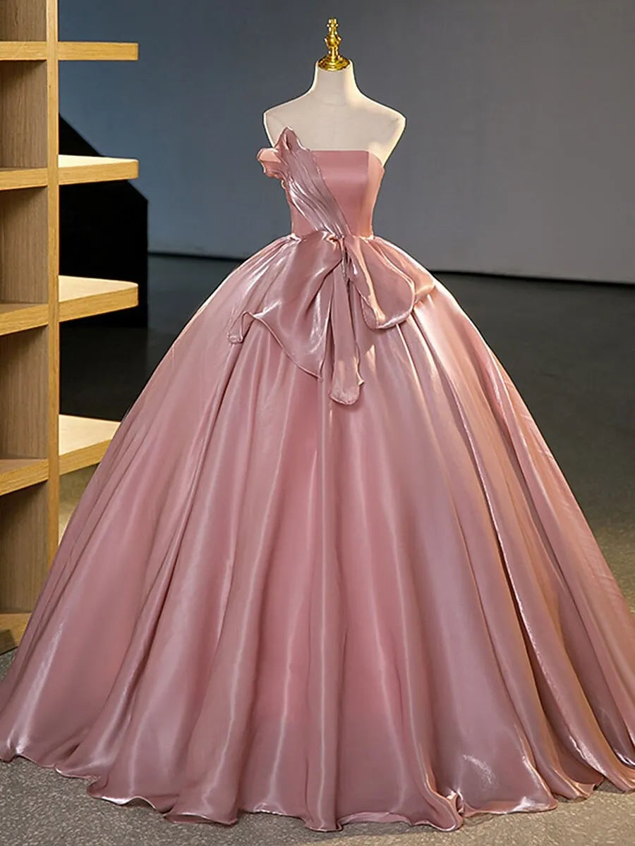Romantic Ball Gown One Shoulder Ruffle Bow Dusty Pink Floor Length Prom Dress For Sale