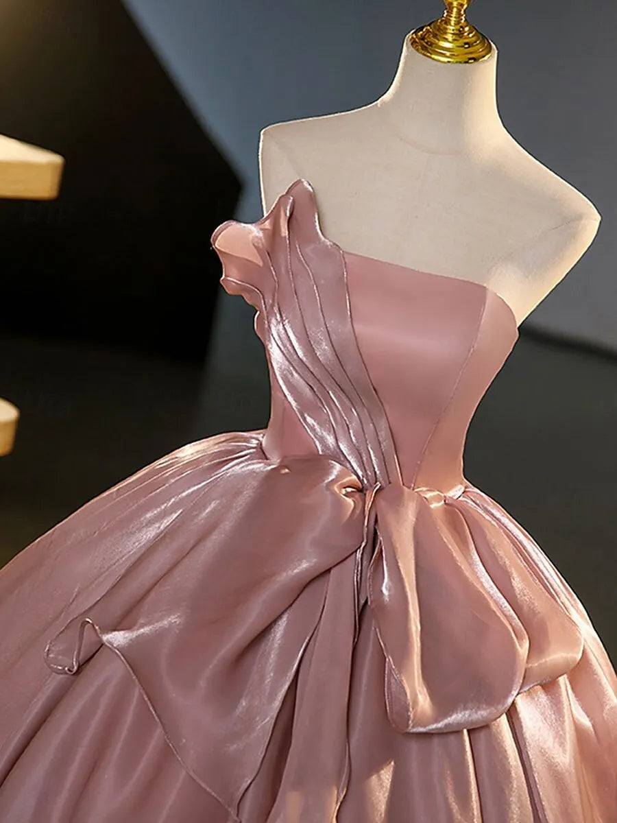 Romantic Ball Gown One Shoulder Ruffle Bow Dusty Pink Floor Length Prom Dress For Sale