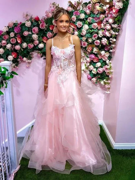 Romantic Ball Gown Spaghetti Strap Lace Applique Ruffle Pink Prom Dress