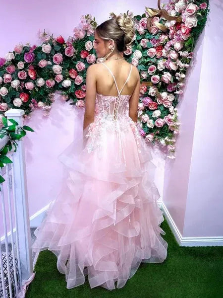 Romantic Ball Gown Spaghetti Strap Lace Applique Ruffle Pink Prom Dress