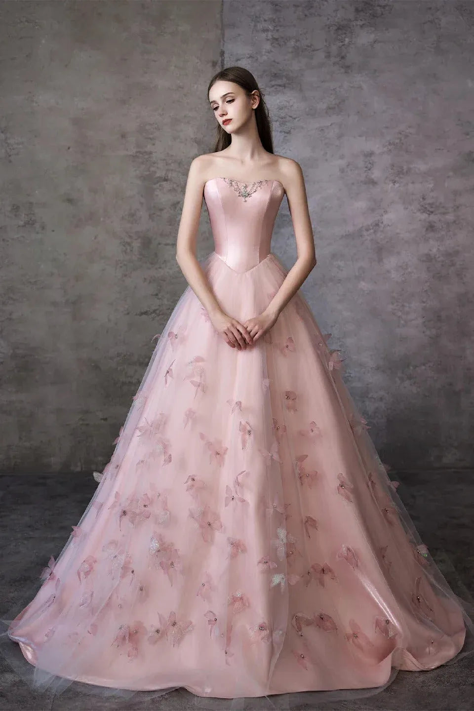 Romantic Ball Gown Strapless Butterfly Pink Floor-Length Prom Dress With Beaded