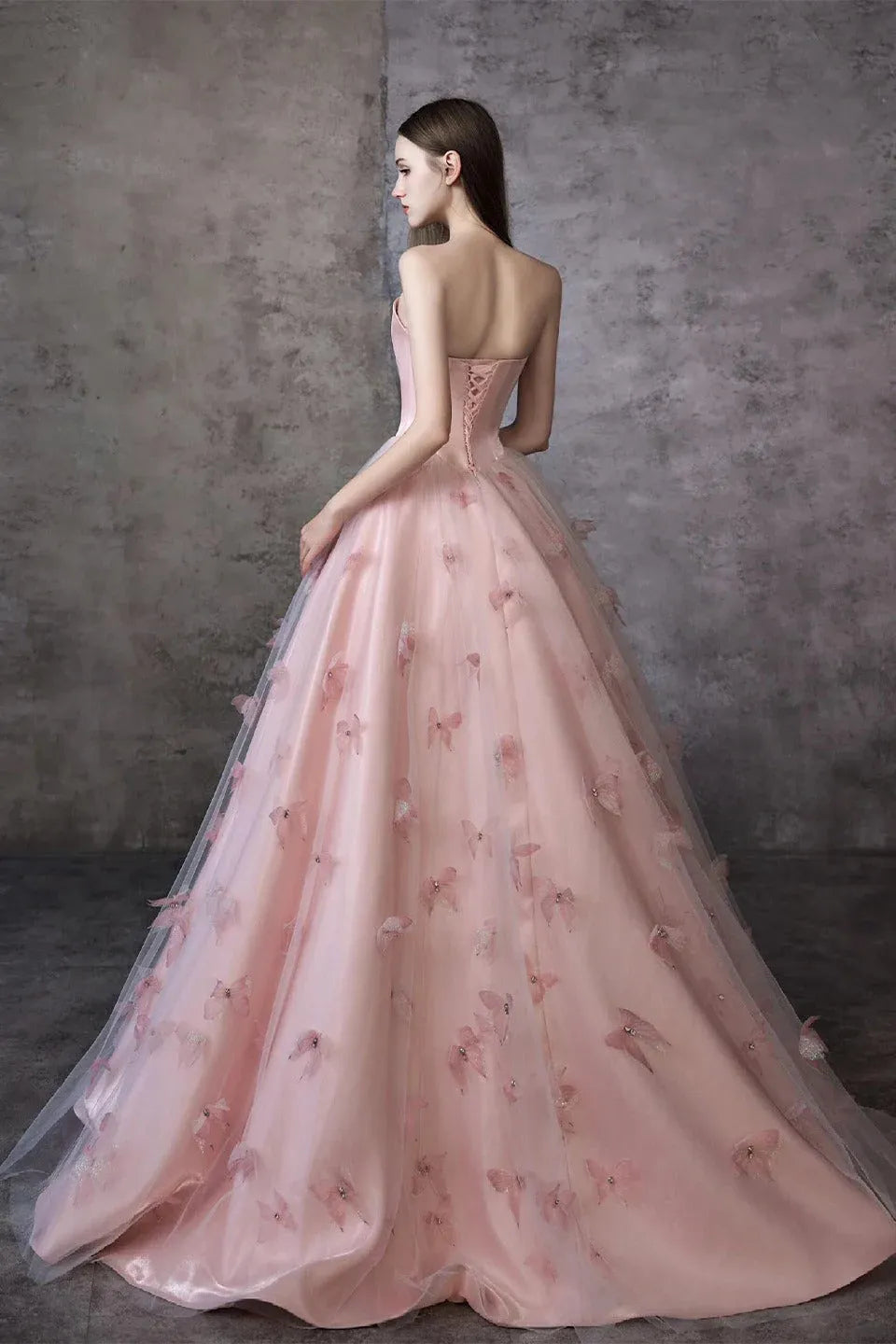 Romantic Ball Gown Strapless Butterfly Pink Floor-Length Prom Dress With Beaded