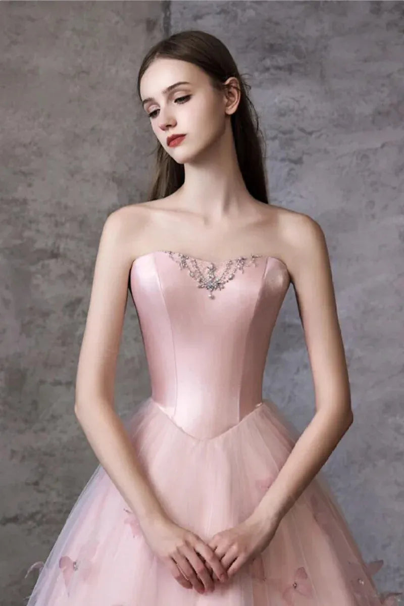 Romantic Ball Gown Strapless Butterfly Pink Floor-Length Prom Dress With Beaded