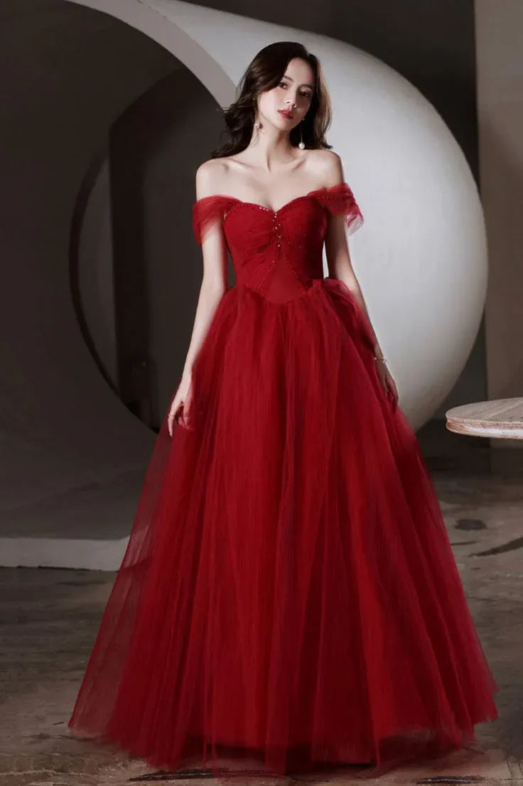 Romantic Ball Gown Sweetheart Lace-up Tulle Red Floor Prom Dress For Sale