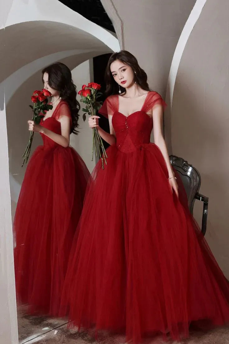 Romantic Ball Gown Sweetheart Lace-up Tulle Red Floor Prom Dress For Sale