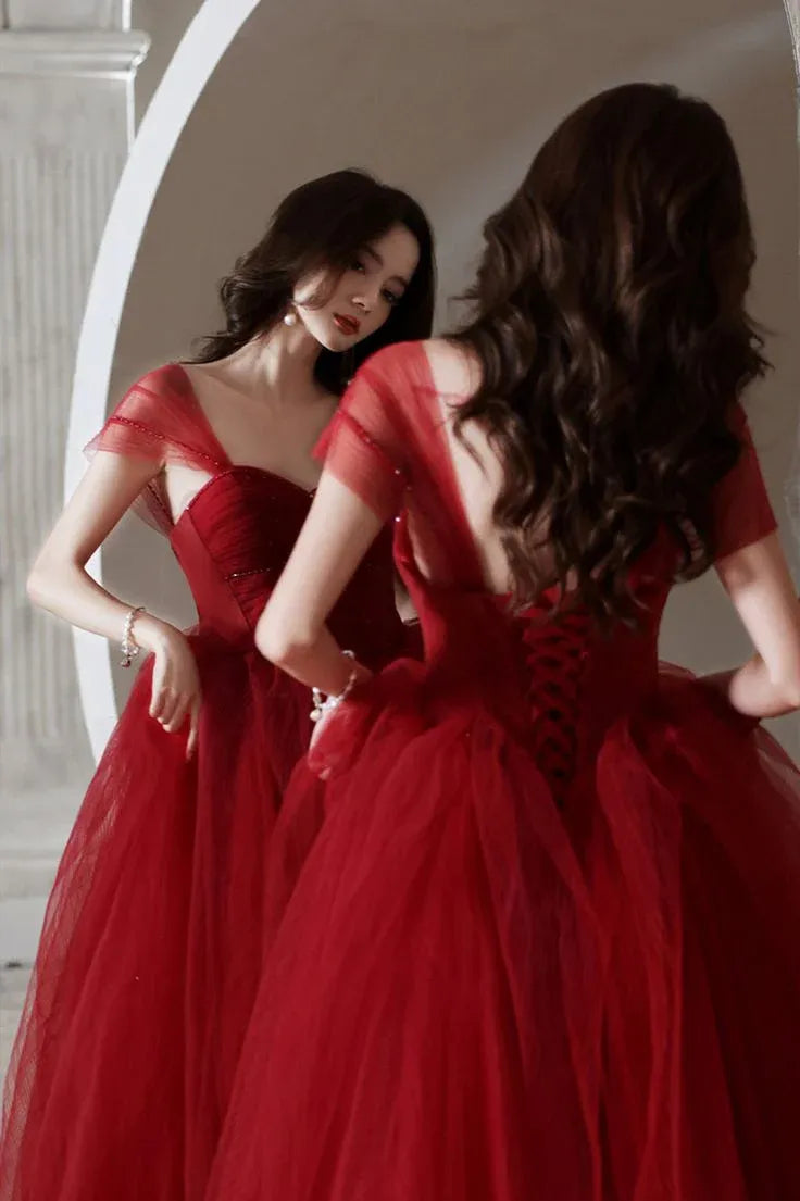 Romantic Ball Gown Sweetheart Lace-up Tulle Red Floor Prom Dress For Sale