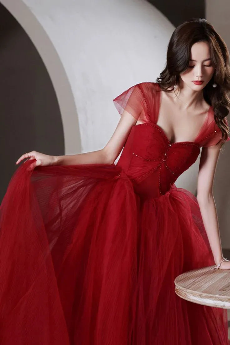 Romantic Ball Gown Sweetheart Lace-up Tulle Red Floor Prom Dress For Sale