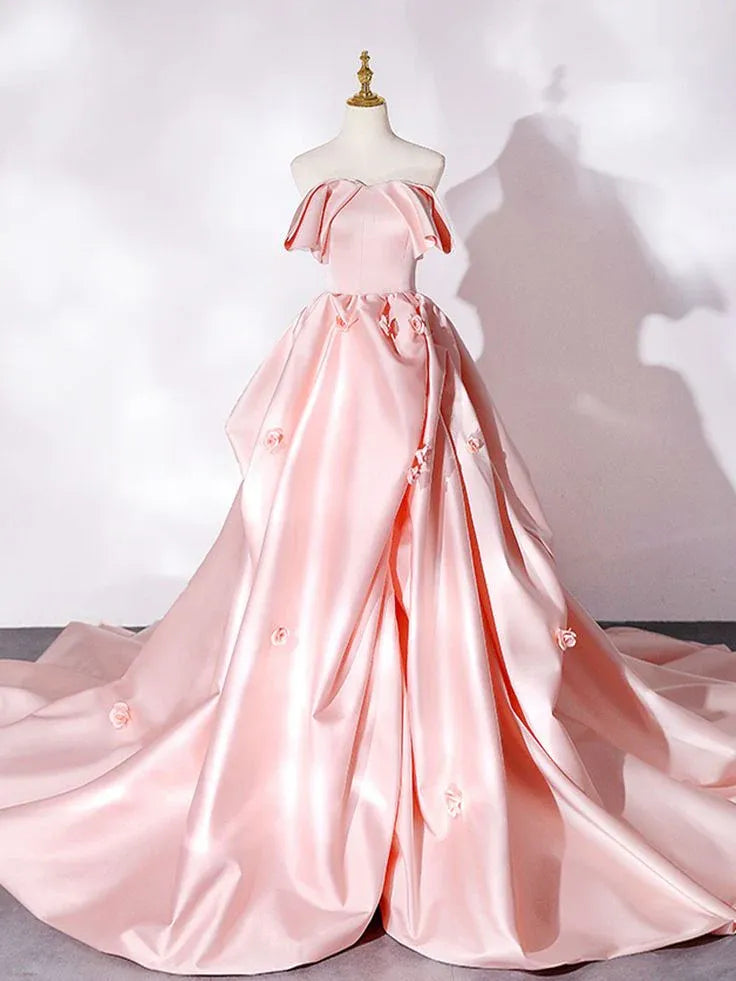 Romantic Ballgown Off-Shoulder Sleeveless Flower-Embellished Satin Blush Maxi Evening Dress for Women