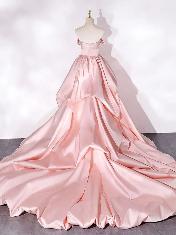 Romantic Ballgown Off-Shoulder Sleeveless Flower-Embellished Satin Blush Maxi Evening Dress for Women