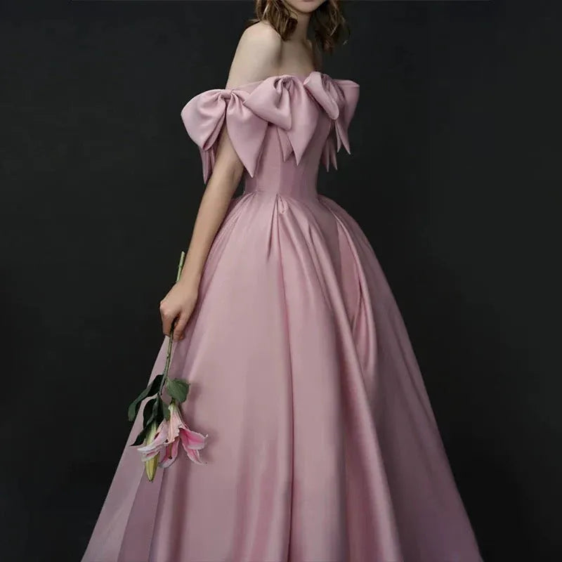 Romantic Ballgown Off-the-Shoulder Sleeveless Bow-Accented Blush Maxi Prom Dress for Women Custom