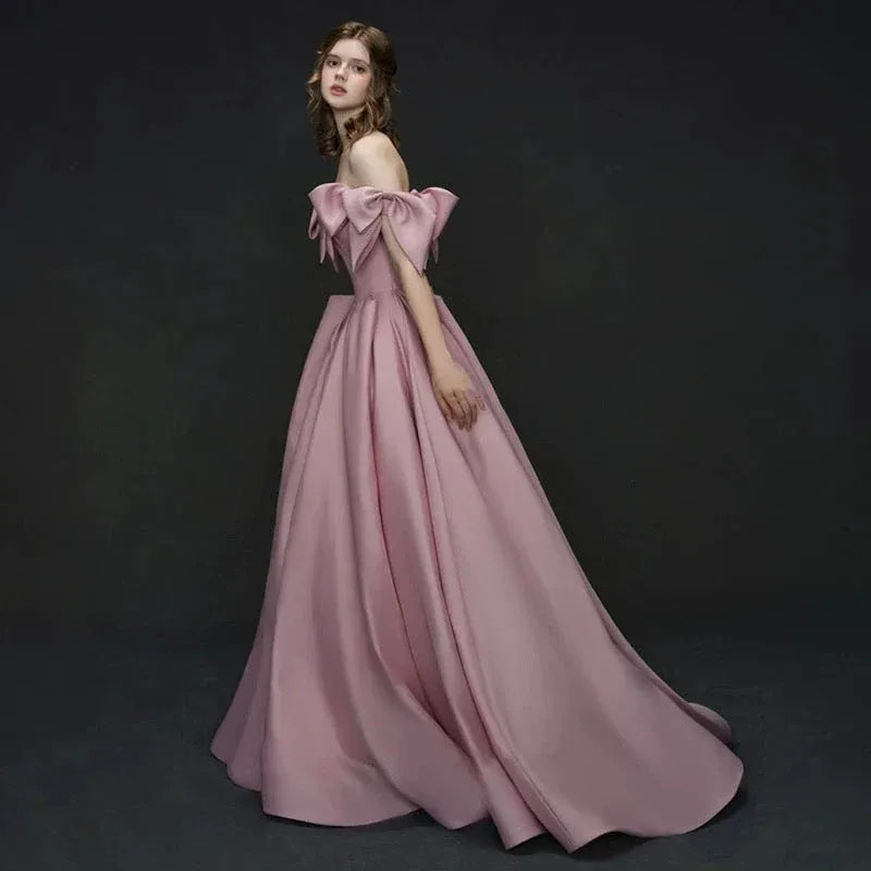 Romantic Ballgown Off-the-Shoulder Sleeveless Bow-Accented Blush Maxi Prom Dress for Women Custom