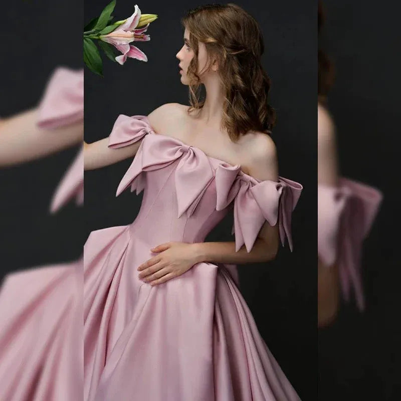 Romantic Ballgown Off-the-Shoulder Sleeveless Bow-Accented Blush Maxi Prom Dress for Women Custom
