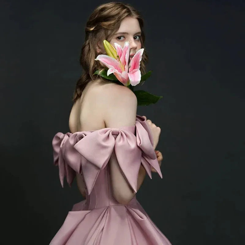 Romantic Ballgown Off-the-Shoulder Sleeveless Bow-Accented Blush Maxi Prom Dress for Women Custom