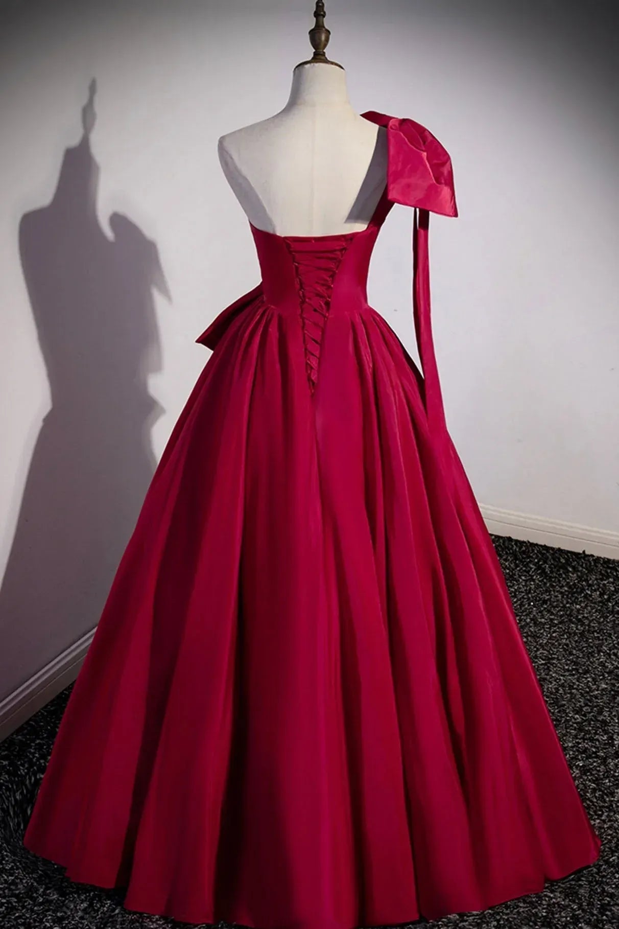 Romantic Ballgown One-Shoulder Bow-Accent Satin Burgundy Maxi Evening Dress for Women