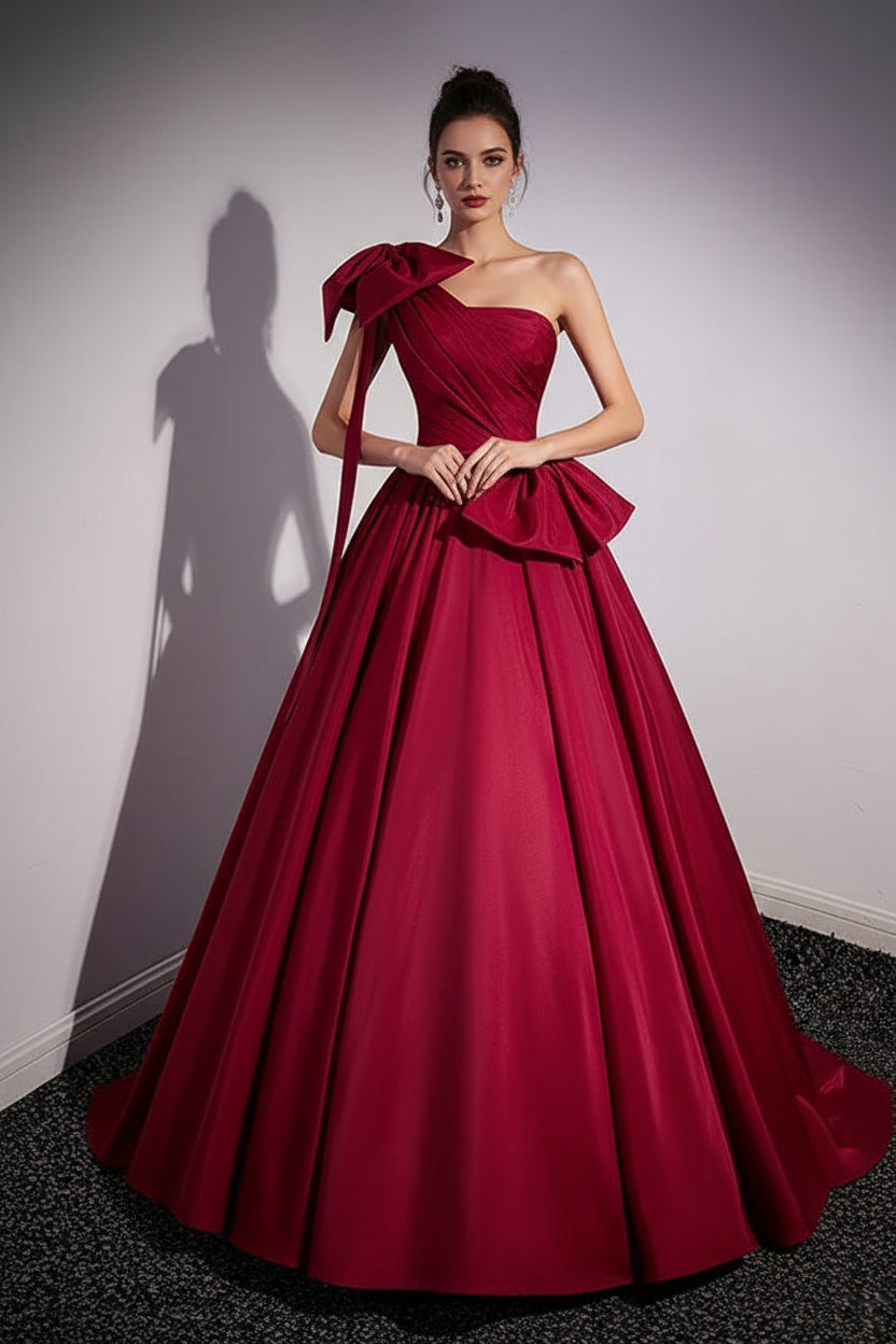 Romantic Ballgown One-Shoulder Bow-Accent Satin Burgundy Maxi Evening Dress for Women