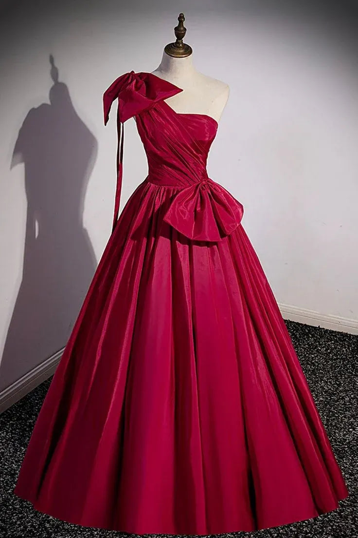 Romantic Ballgown One-Shoulder Bow-Accent Satin Burgundy Maxi Evening Dress for Women