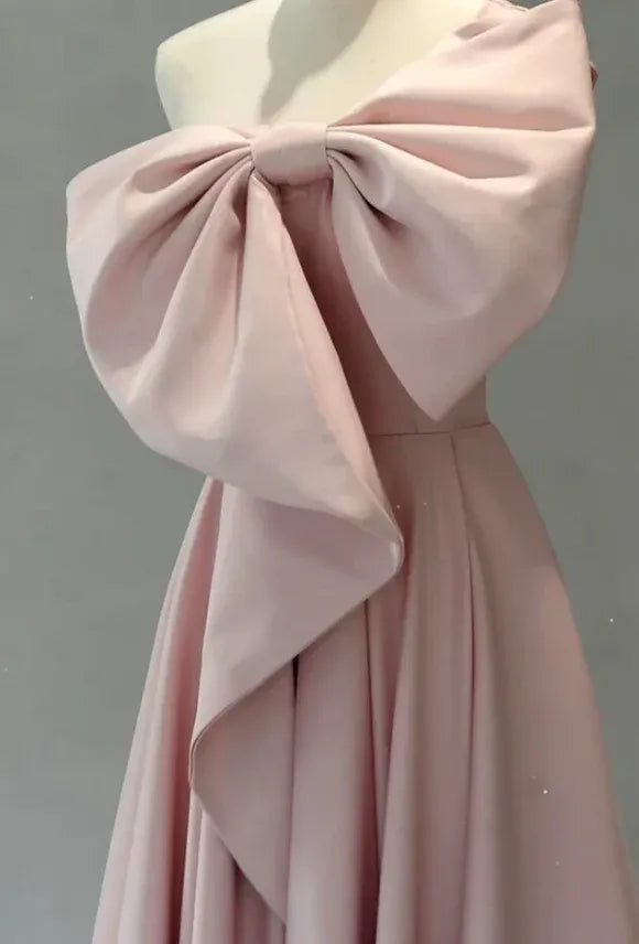 Romantic Ballgown One-Shoulder Sleeveless Oversized-Bow Blush Maxi Evening Dress for Women