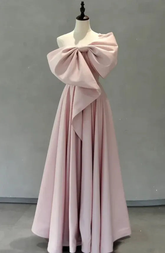 Romantic Ballgown One-Shoulder Sleeveless Oversized-Bow Blush Maxi Evening Dress for Women