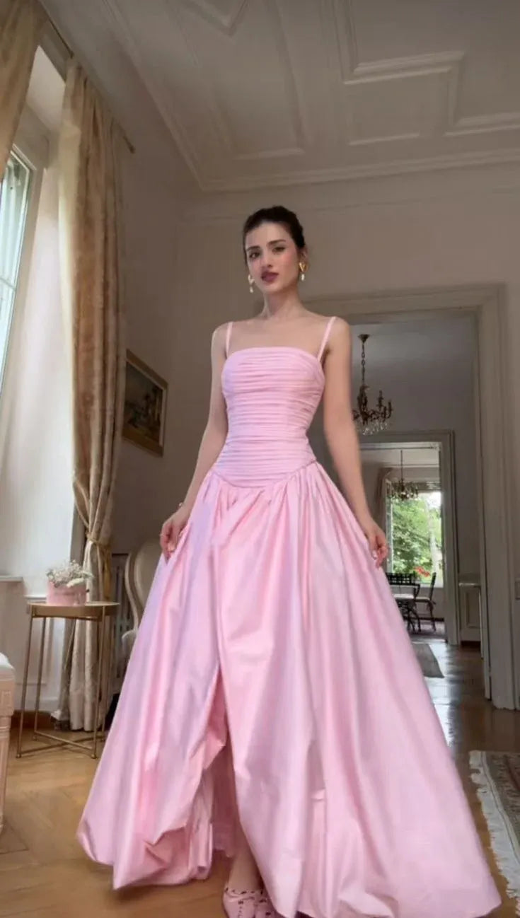 Romantic Ballgown Square Neck Sleeveless Ruched Pink Maxi Prom Dress for Women Ready to Ship