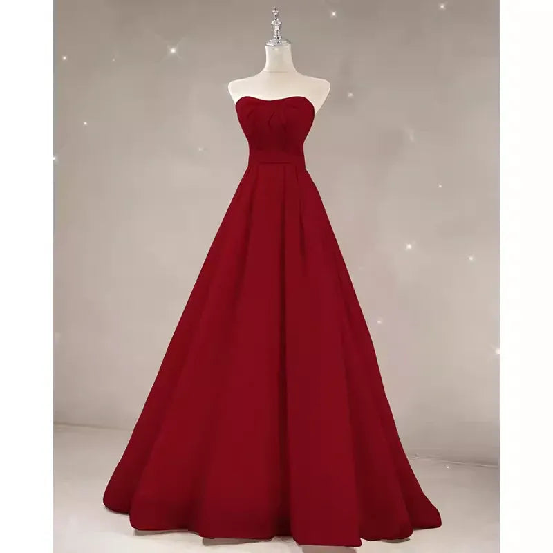 Romantic Ballgown Strapless Bow-Accent Satin Burgundy Maxi Evening Dress for Women